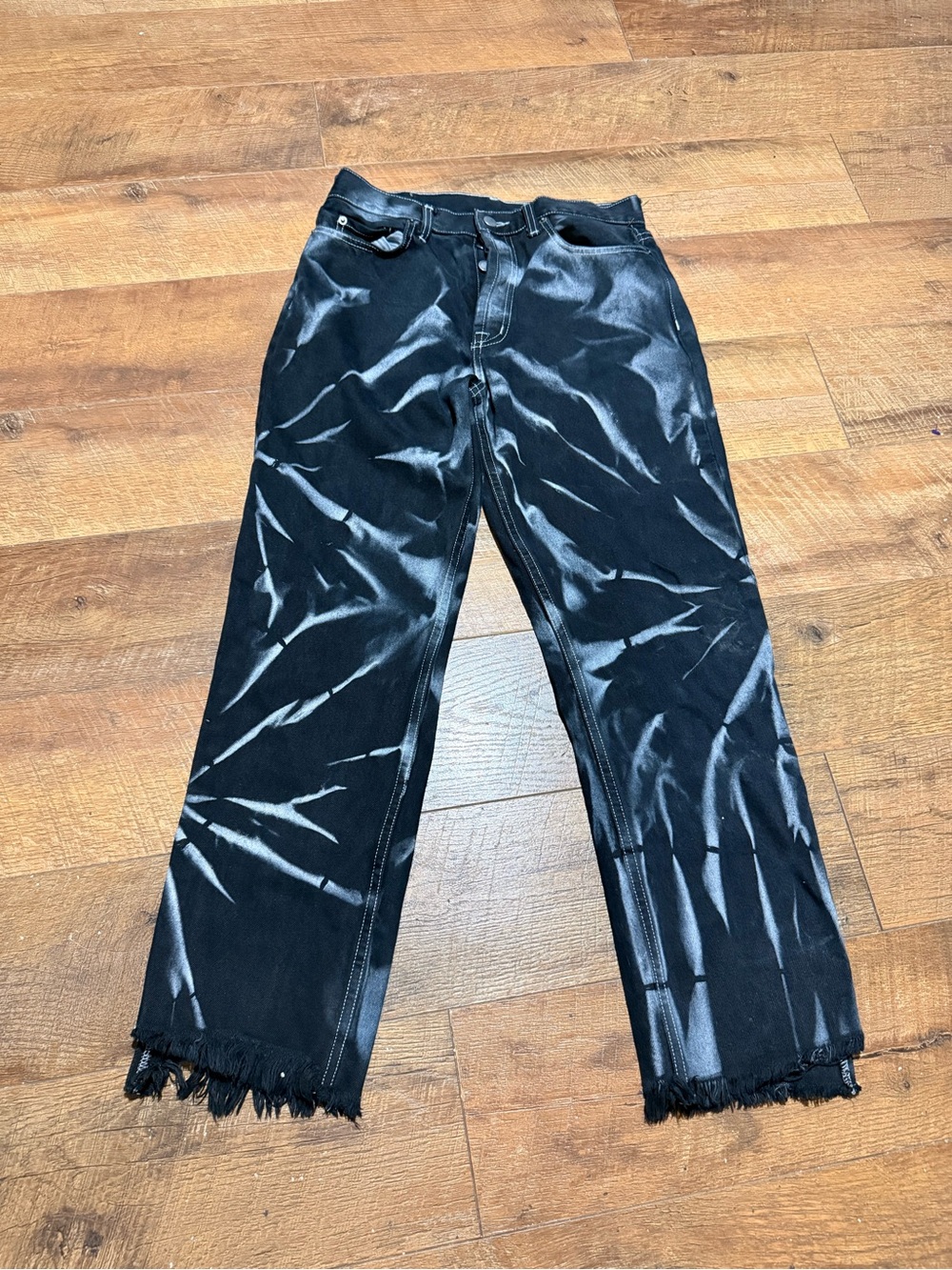 Carmar Premium Black Acid Wash Bleached Jeans Frayed Hem Straight Leg Size 29